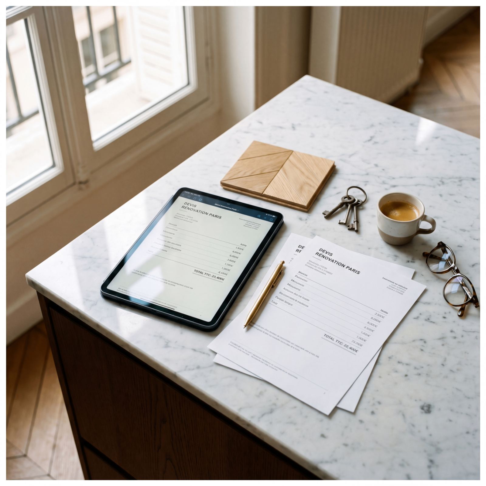 Devis de rénovation Paris sur tablette et papier — phase chiffrage