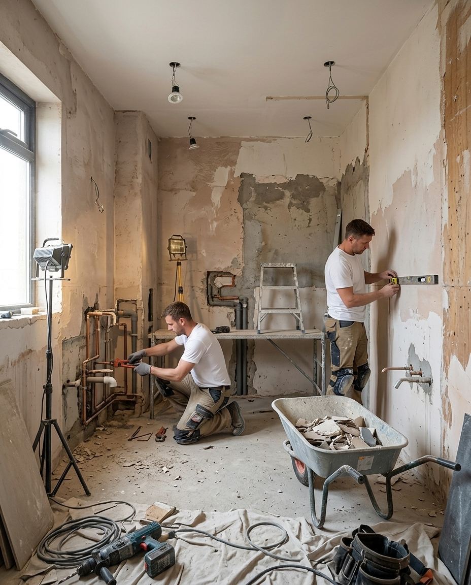 Chantier de rénovation en cours — second œuvre, plomberie et niveaux