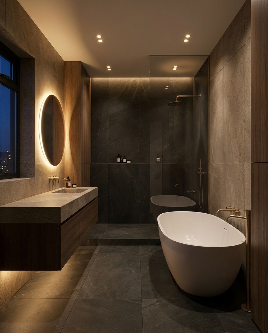 Salle de bain livrée — pierre sombre, vasque massive et laiton patiné