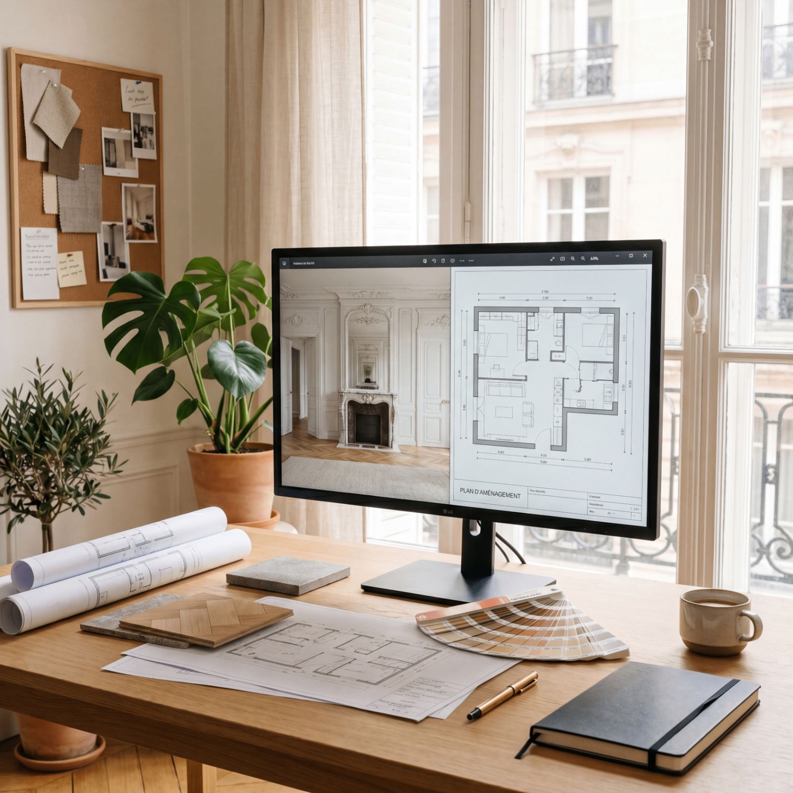 Bureau d'architecte parisien — plan d'aménagement et matériauthèque, phase conception