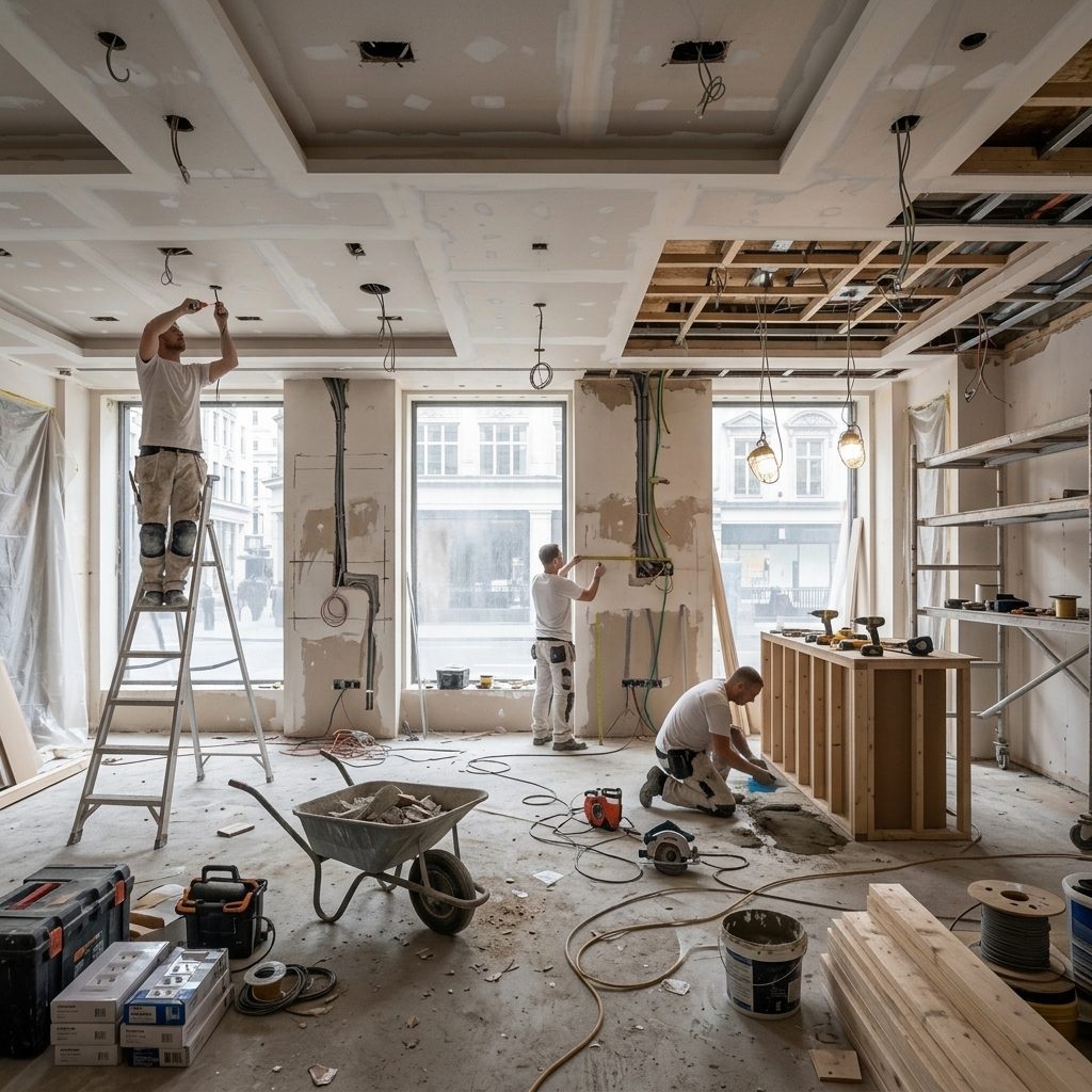 Chantier — rénovation d'une boutique parisienne, pose du parquet et ajustement de l'agencement